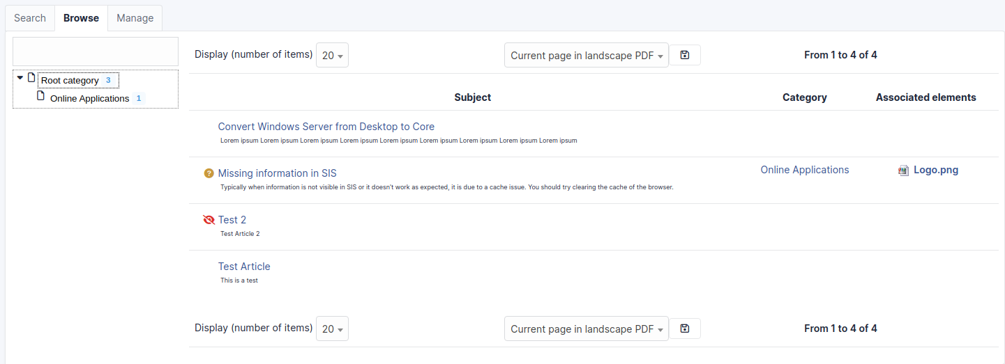 Knowledge base browse tab