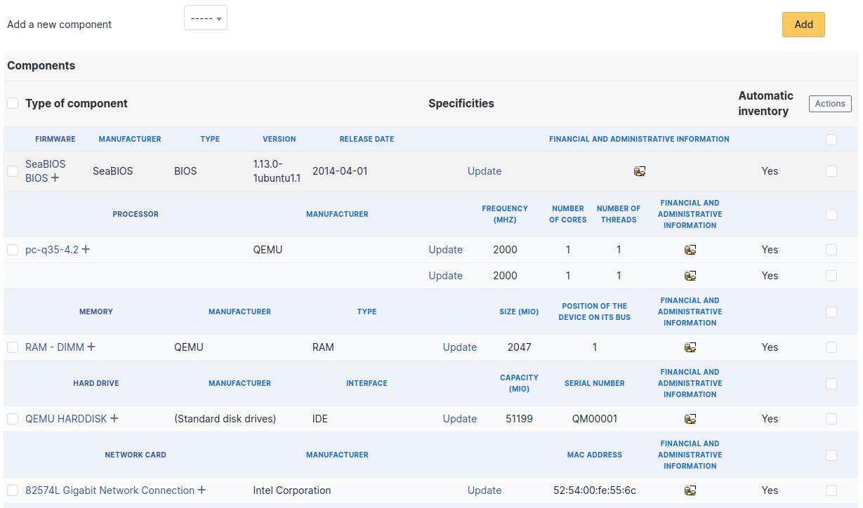 Components screen