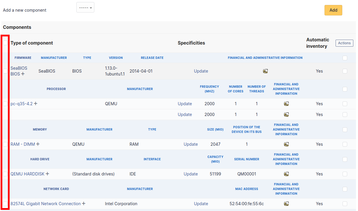 Component selection (left)