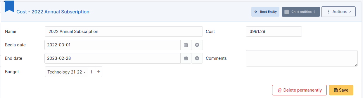 A cost associated to a contract
