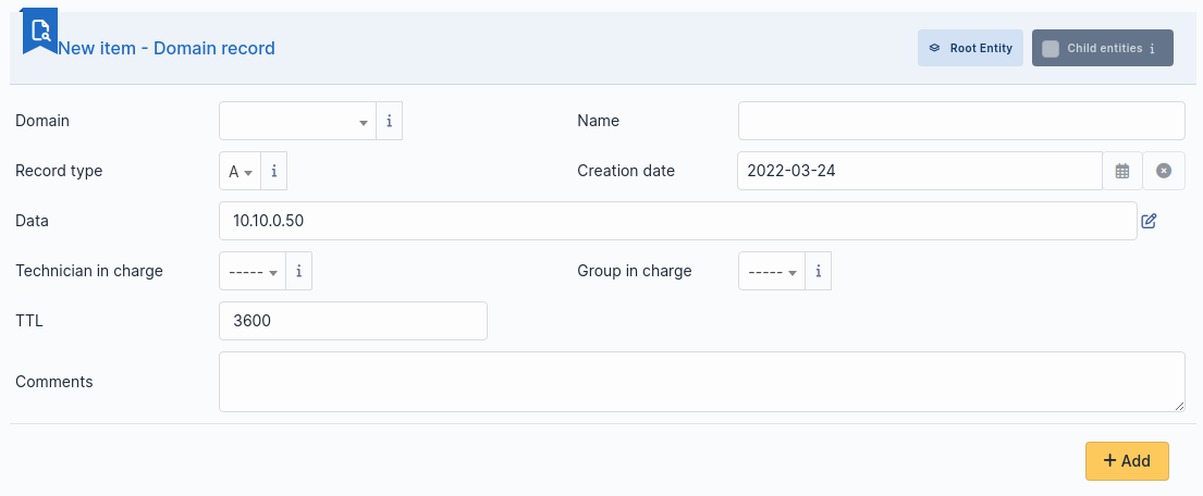 Creation of a domain record
