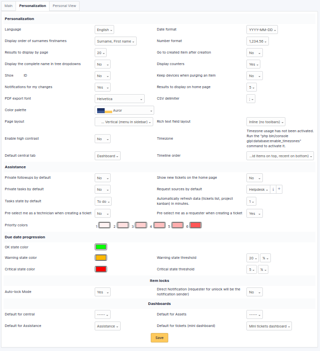 Screen for customizing user preferences