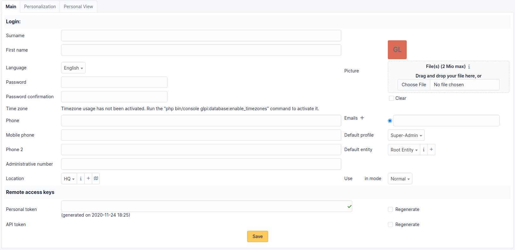 Screen for user form